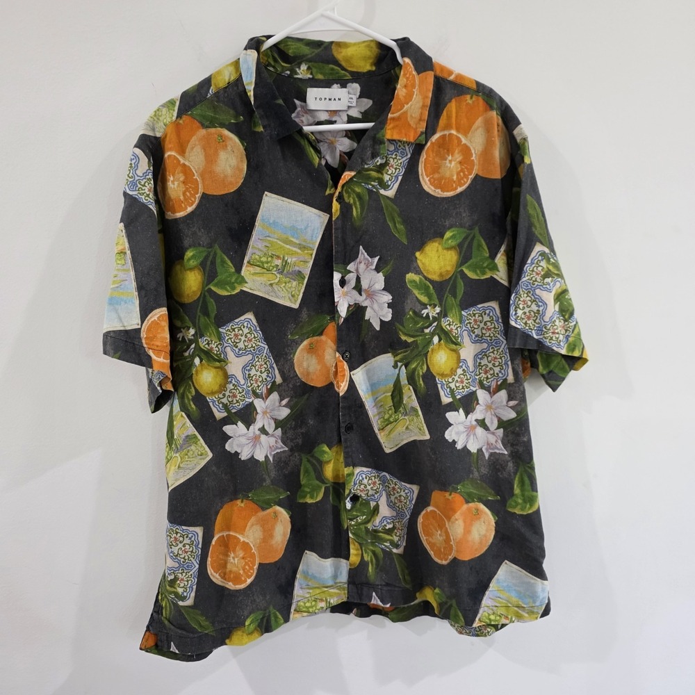 Topman Mens Fruit Print Button Up Shirt Size XXL Floral Hawaiian Linen Tropical